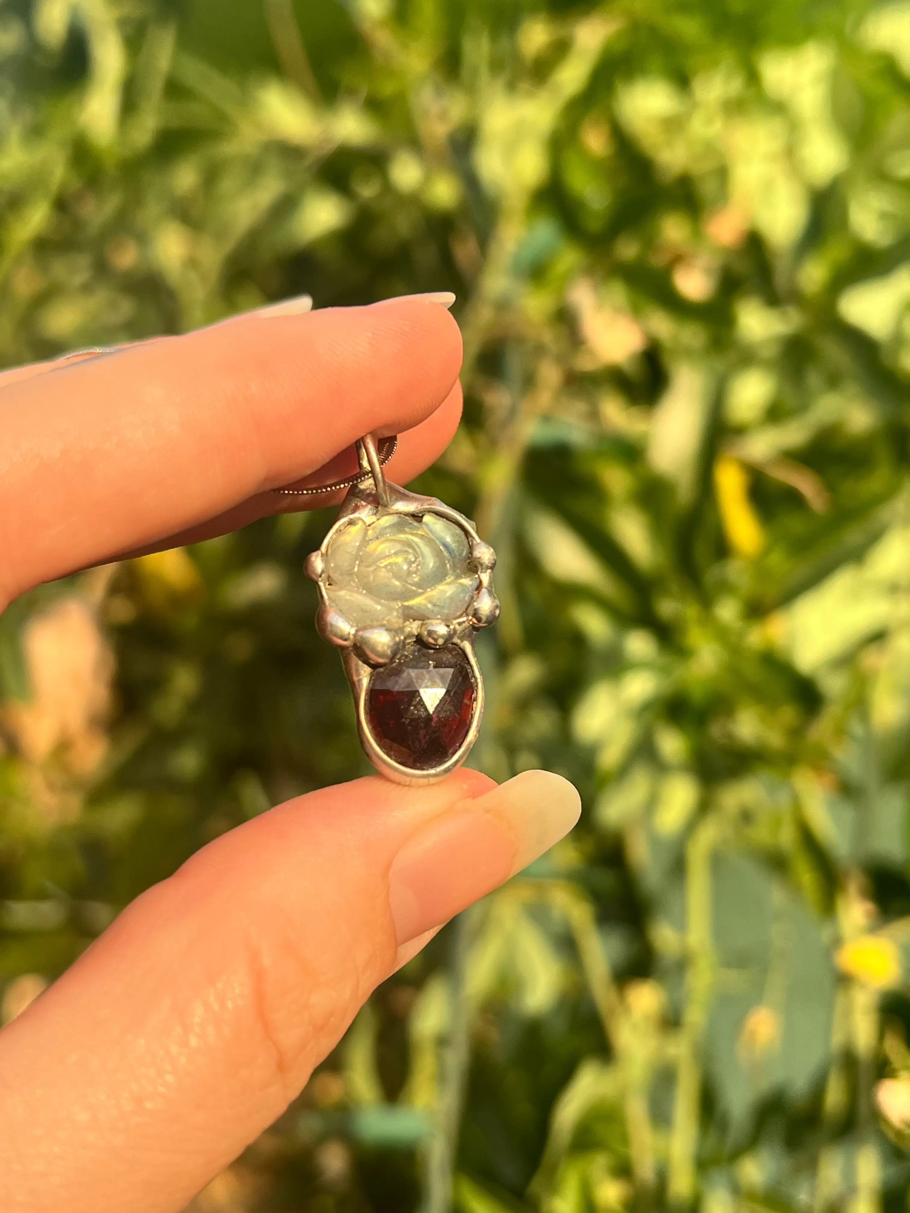 Garnet and Labradorite rose amulet