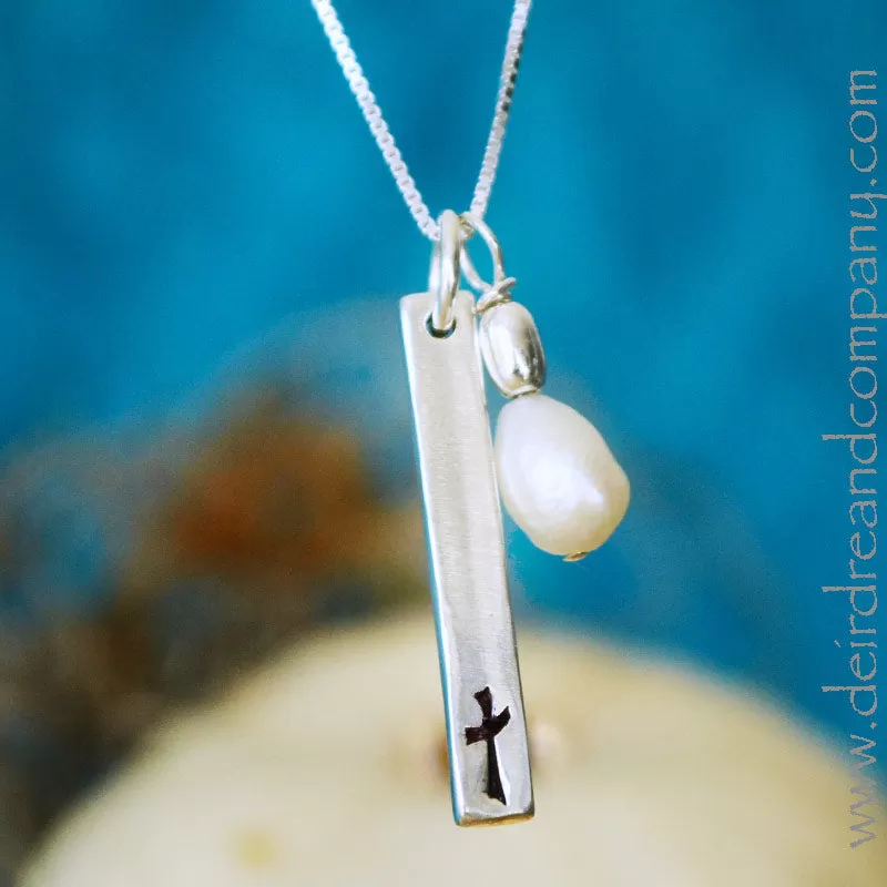 Grace Cross and Pearl Bar Necklace in Silver