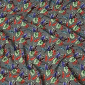 Grey Viscose Fabric with Multicolor Leaf Digital Print, 110 cm Width-D20641