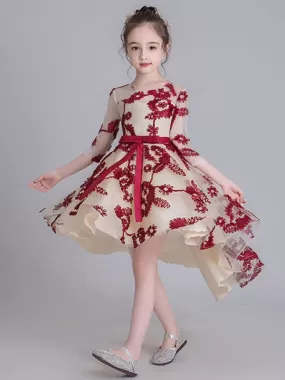 Half Sleeves Embroidered Kids Party Dress Flower Girl Dresses