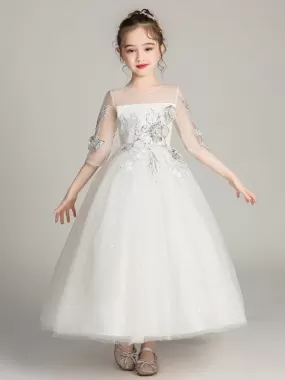 Half Sleeves Flower Girl Dresses Jewel Neck Tulle Ankle Length Princess Silhouette Embroidered Kids Party Dresses