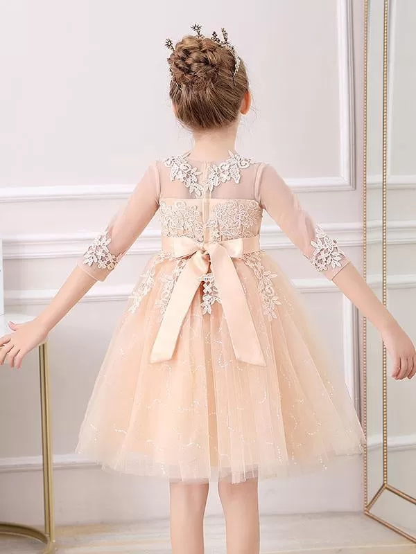 Half Sleeves White Lace Flower Girl Dresses Jewel Neck Silhouette Bows Short Princess Dress Kids Social Party Dresses