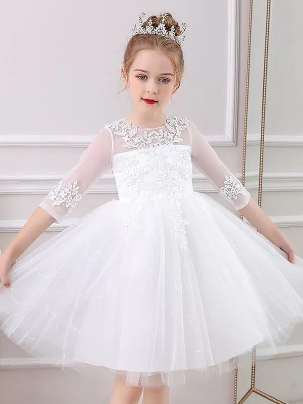 Half Sleeves White Lace Flower Girl Dresses Jewel Neck Silhouette Bows Short Princess Dress Kids Social Party Dresses