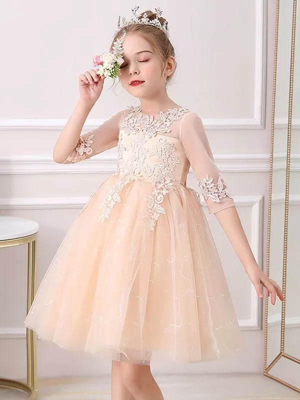 Half Sleeves White Lace Flower Girl Dresses Jewel Neck Silhouette Bows Short Princess Dress Kids Social Party Dresses