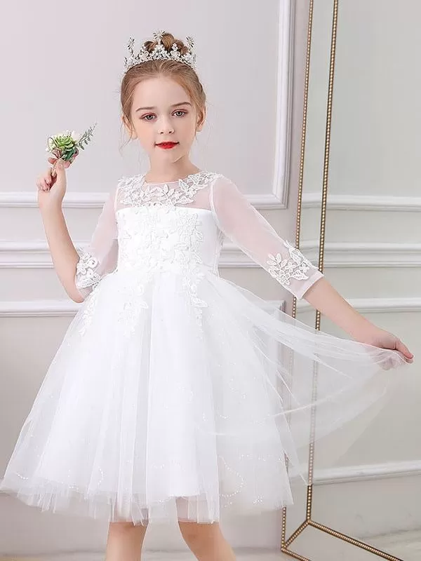 Half Sleeves White Lace Flower Girl Dresses Jewel Neck Silhouette Bows Short Princess Dress Kids Social Party Dresses