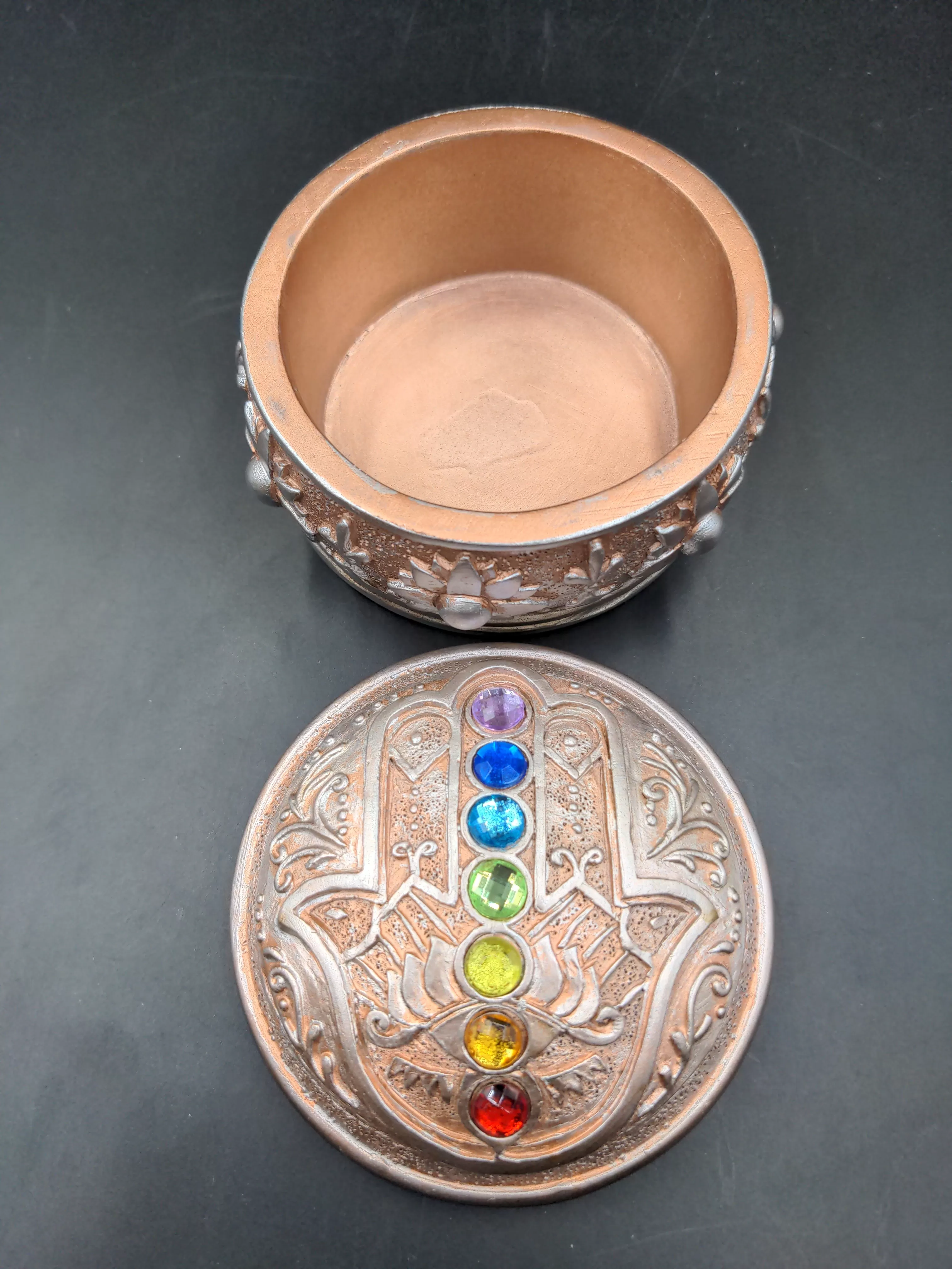 Hamsa Round Stash Box w/ Chakra Jewel Lid | 3.25