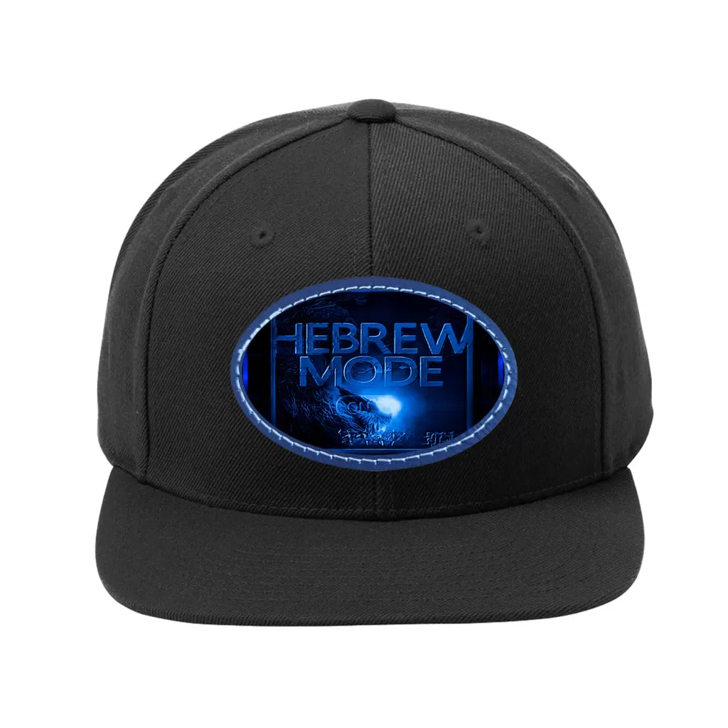 Hebrew Mode - On 01-06 Designer Sport-Tek Yupoong Flat Brim Baseball Cap with Oval Leather Patch (Blue/Black Patch)