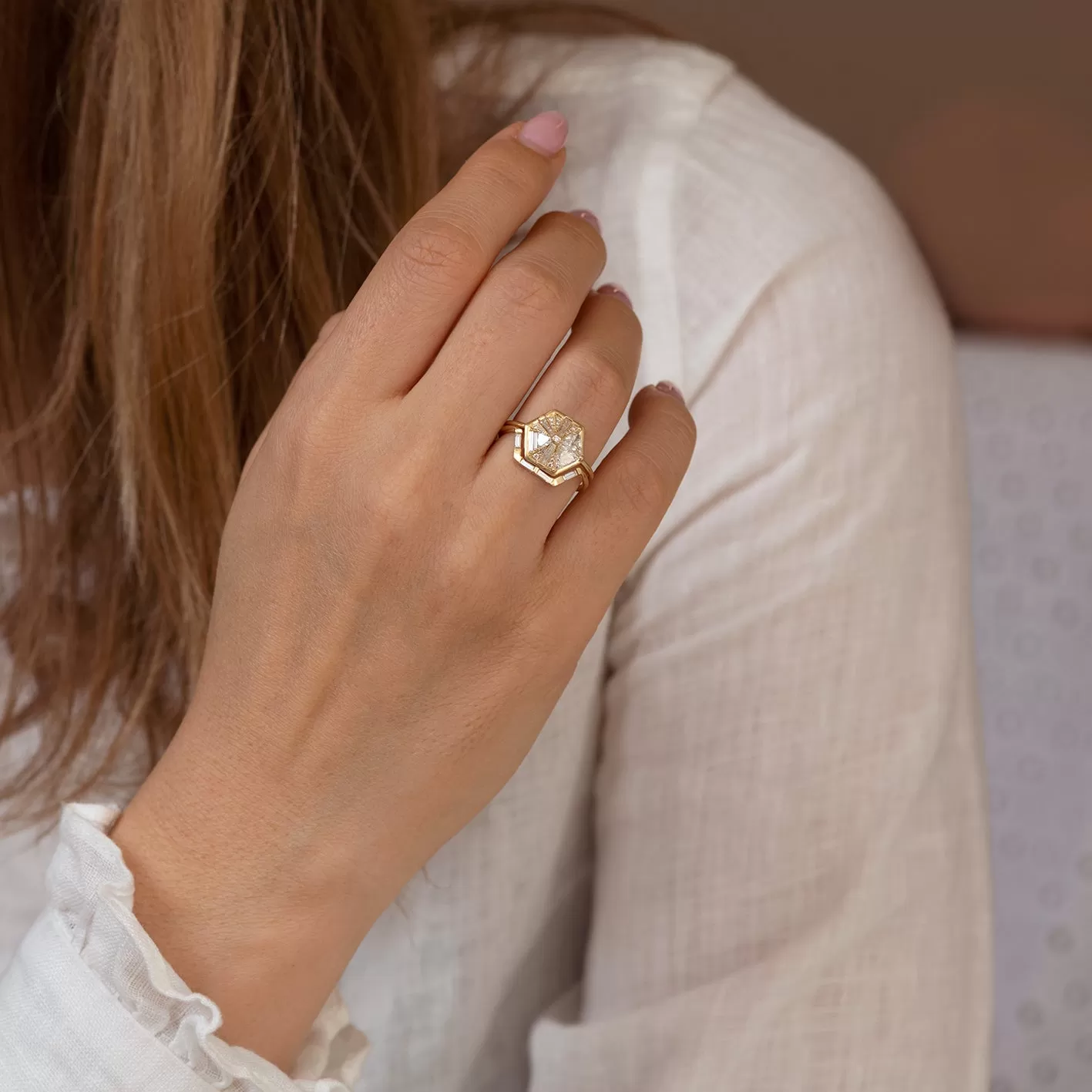 Hexagon Engagement Ring with Cluster of Diamonds