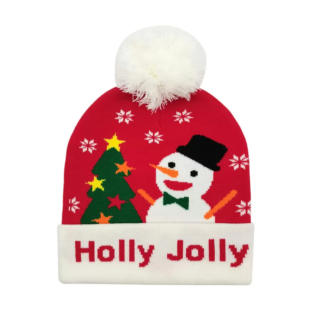 Holly Jolly Snowman Christmas Tree Pom Pom Beanie Hat