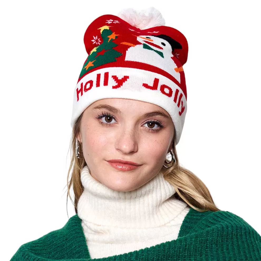 Holly Jolly Snowman Christmas Tree Pom Pom Beanie Hat