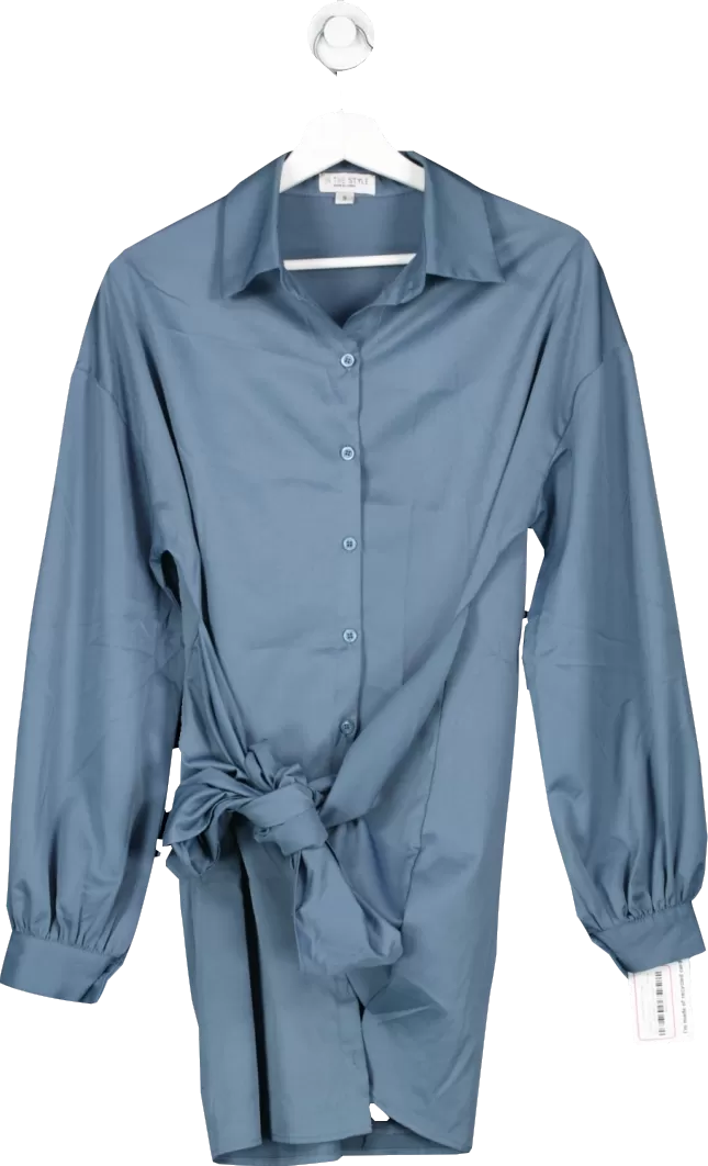 In The Style Blue Long Sleeve Belted Shirt Dress UK 8