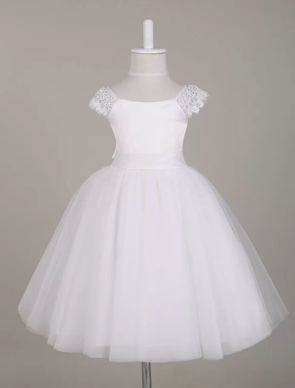 Ivory Bateau Neck Lace Cap Sleeves Tutu Dress Knee Length Kids Party Dresses