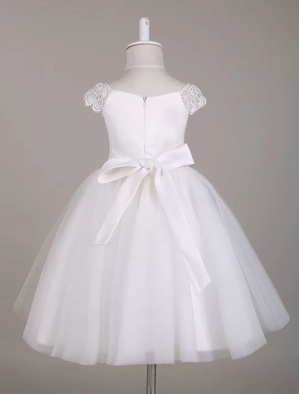 Ivory Bateau Neck Lace Cap Sleeves Tutu Dress Knee Length Kids Party Dresses