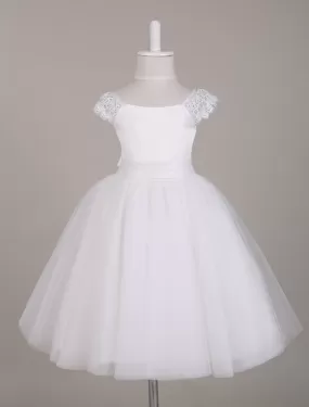 Ivory Bateau Neck Lace Cap Sleeves Tutu Dress Knee Length Kids Party Dresses