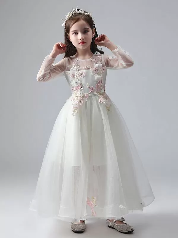 Jewel Neck Long Sleeves Ankle-Length Princess Dress Tulle Flowers Beaded Embroidered Formal Kids Pageant Dresses