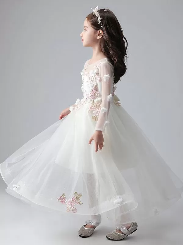 Jewel Neck Long Sleeves Ankle-Length Princess Dress Tulle Flowers Beaded Embroidered Formal Kids Pageant Dresses