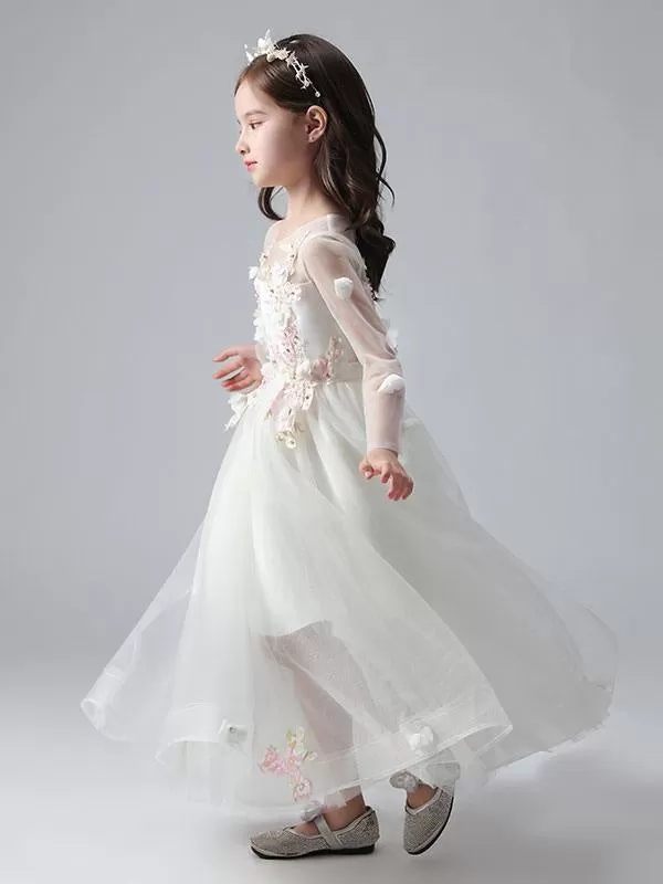 Jewel Neck Long Sleeves Ankle-Length Princess Dress Tulle Flowers Beaded Embroidered Formal Kids Pageant Dresses