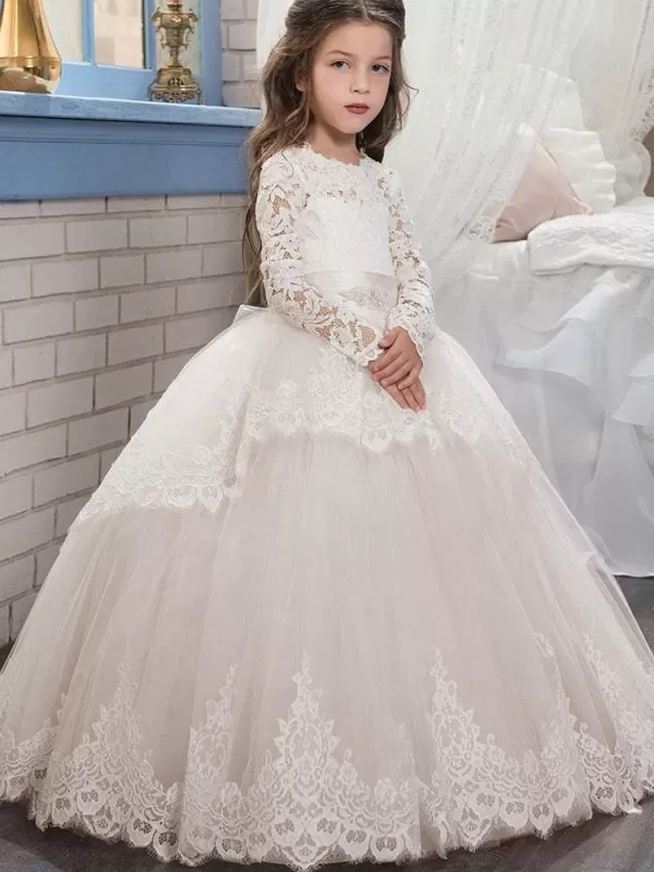 Jewel Neck Long Sleeves Sash Tulle Flower Girl Dresses Formal Wedding Party Dress for Kids