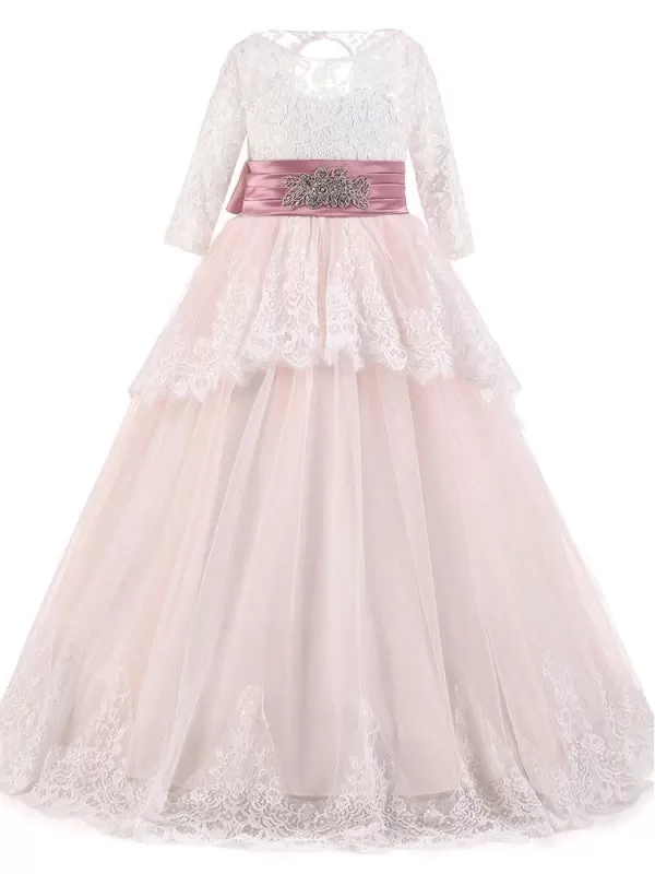 Jewel Neck Long Sleeves Sash Tulle Flower Girl Dresses Formal Wedding Party Dress for Kids