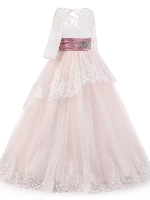 Jewel Neck Long Sleeves Sash Tulle Flower Girl Dresses Formal Wedding Party Dress for Kids