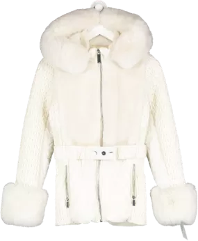 Karen Millen Cream Signature Quilt Fur Faux Fur Trim Belted Midi Jacket UK 6