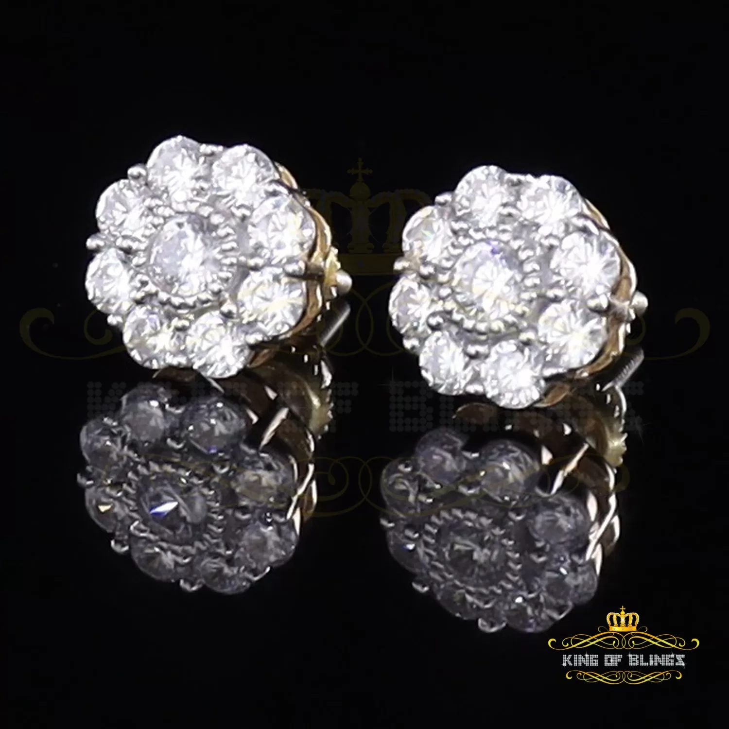 King of Bling's 925 Yellow Silver 2.1ct Cubic Zirconia Women's & Men's Hip Hop Floral Earrings