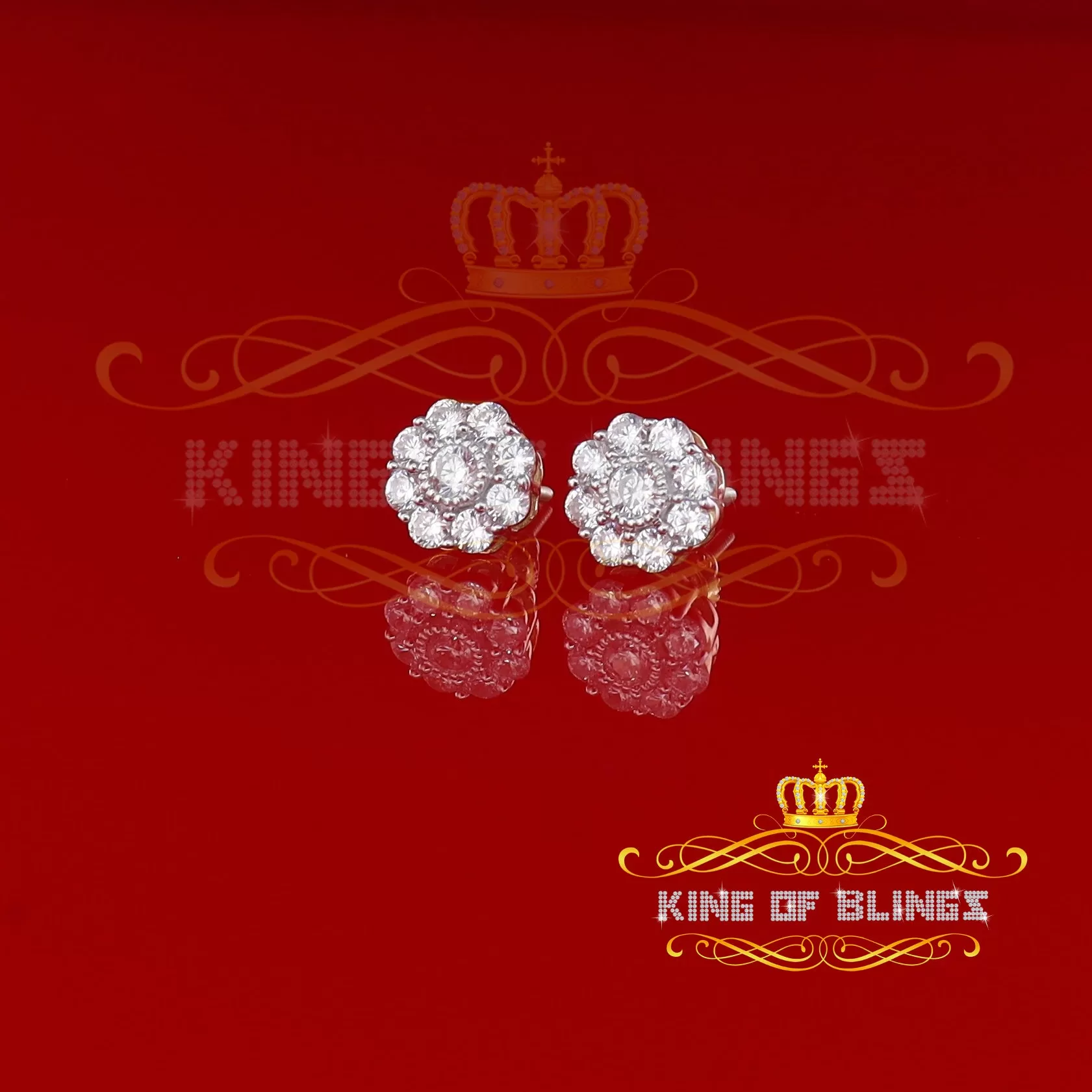 King of Bling's 925 Yellow Silver 2.1ct Cubic Zirconia Women's & Men's Hip Hop Floral Earrings