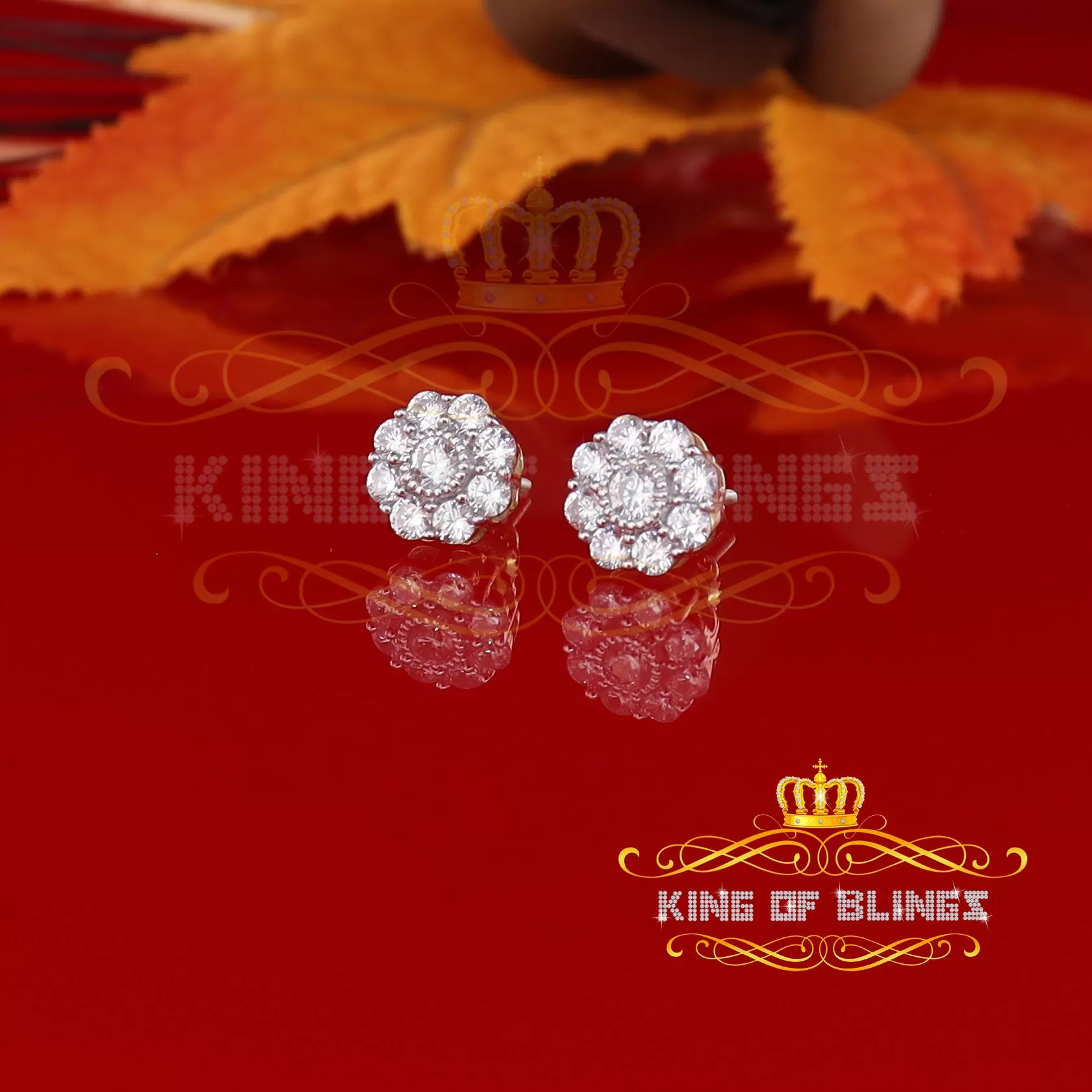 King of Bling's 925 Yellow Silver 2.1ct Cubic Zirconia Women's & Men's Hip Hop Floral Earrings