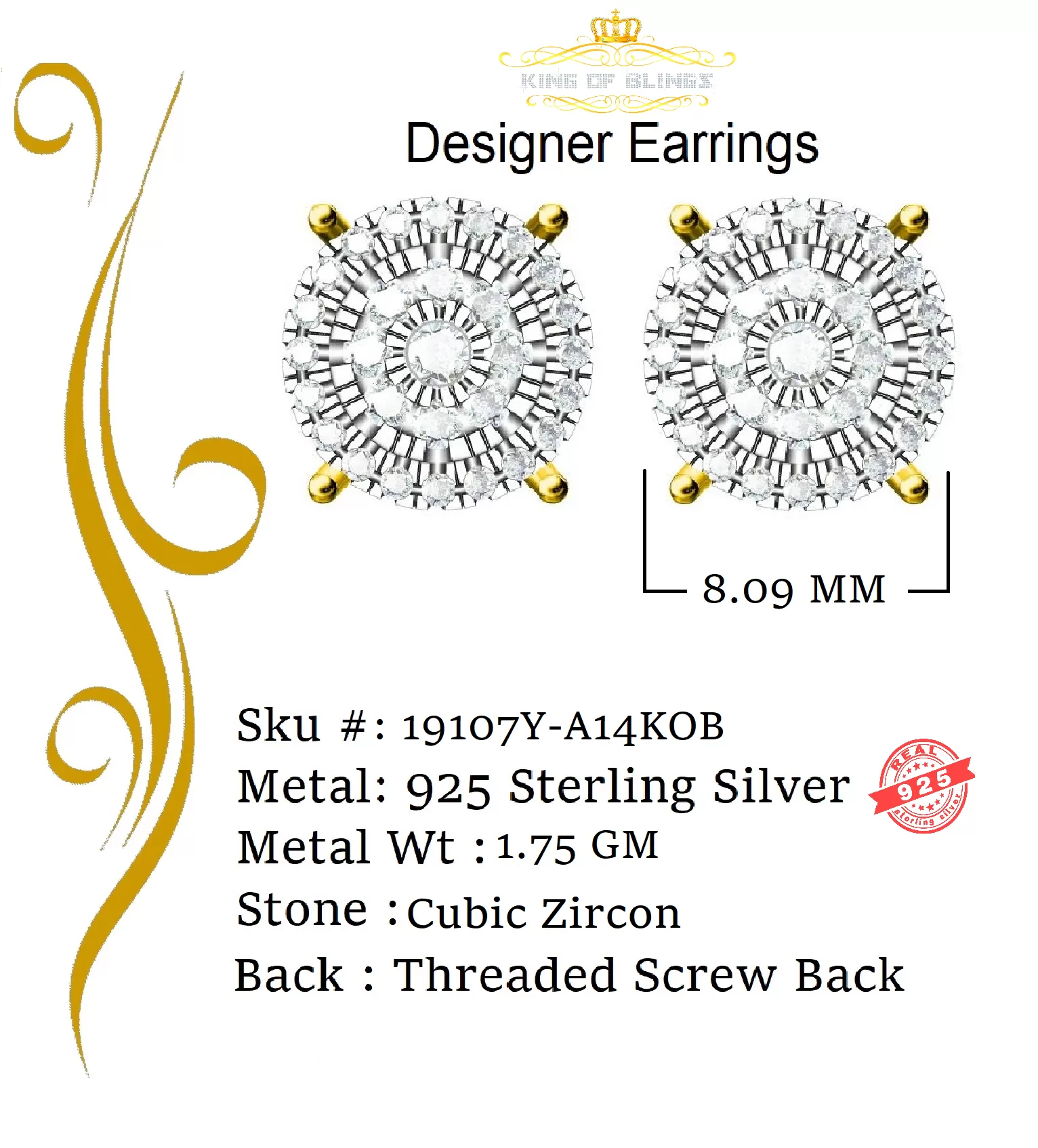 King of Bling's 925 Yellow Sterling Silver 0.86ct Cubic Zirconia Round Women's Hip Hop Earrings