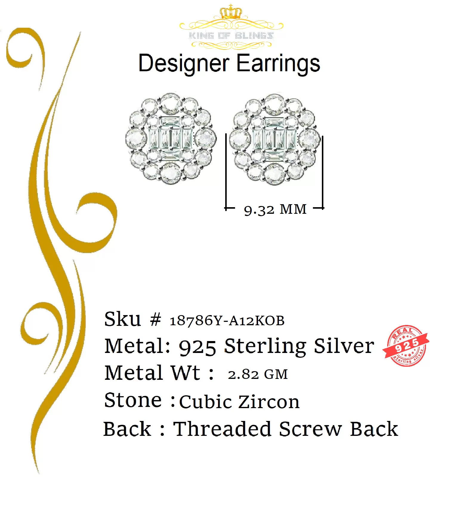 King of Bling's Aretes Para Hombre 925 Yellow Silver 1.98ct Cubic Zirconia Round Women's Earring