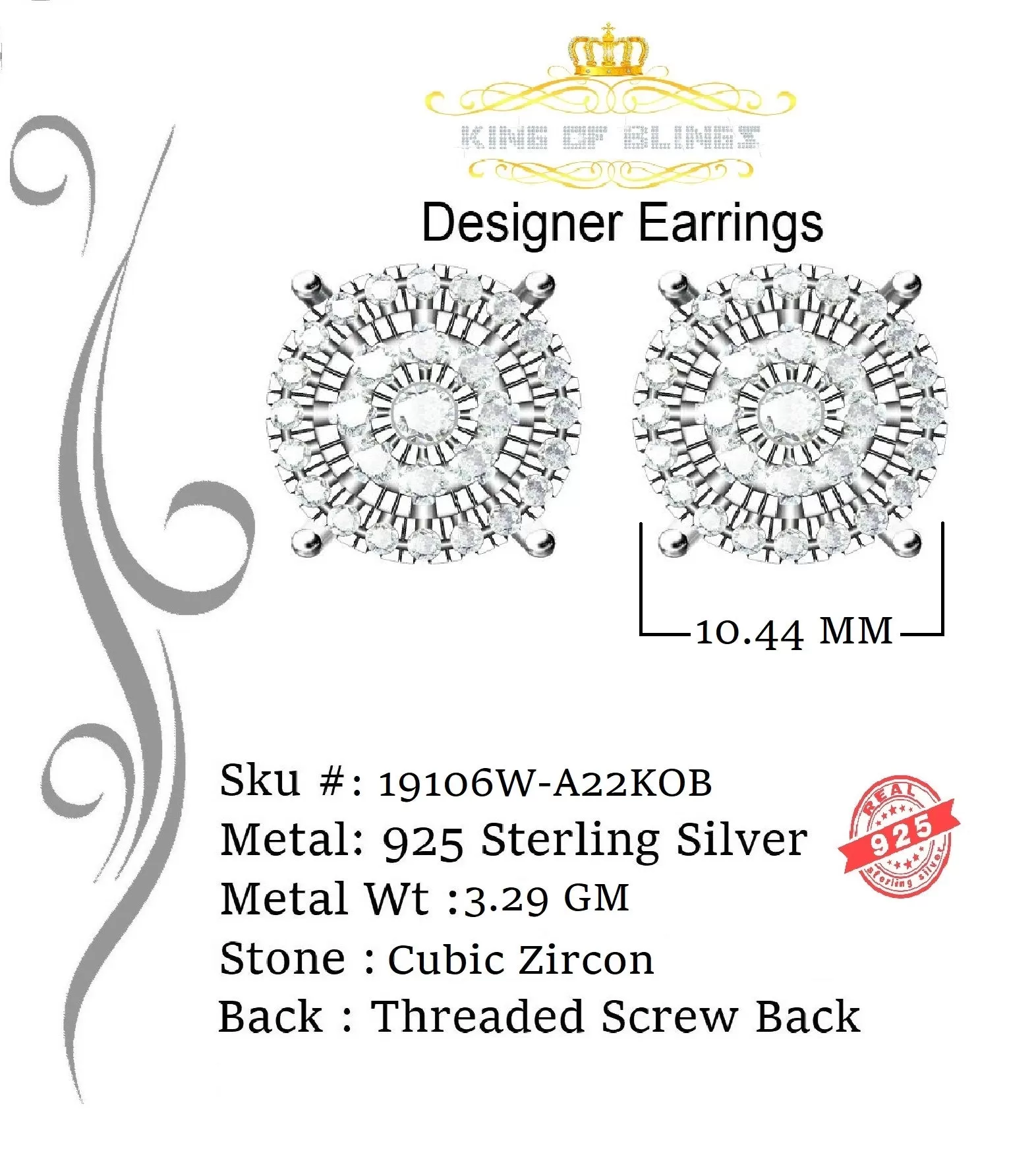 King of Blings- 1.96ct Cubic Zirconia Aretes Para Hombre 925 White Silver Women's Round Earring