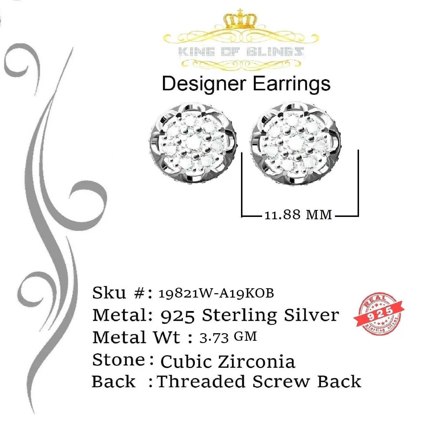 King of Blings- 3.28ct Cubic Zirconia 925 White Silver Women's & Men's Hip Hop Flower Earrings