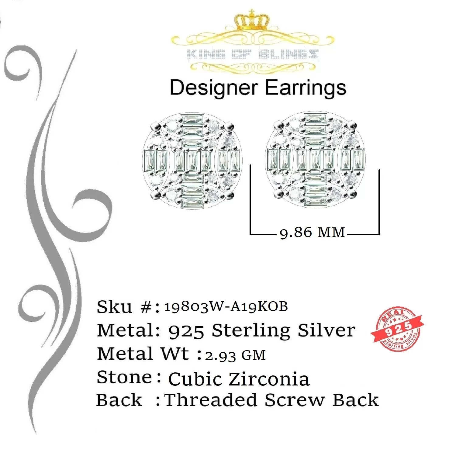 King of Blings- 925 Silver Real 1.02ct Cubic Zirconia Round White Earrings For Men's & Women's