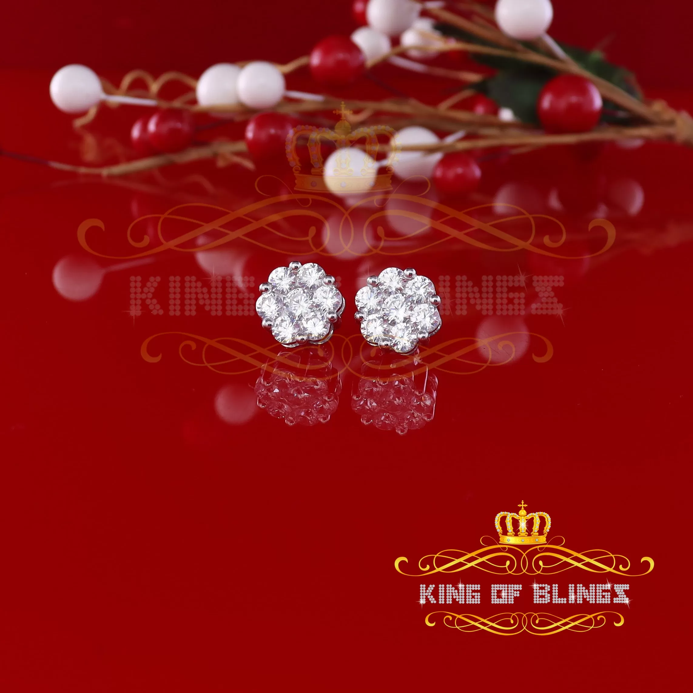 King of Blings- 925 Silver White 1.56ct Cubic Zirconia Hip Hop Floral Women's & Men's Earrings