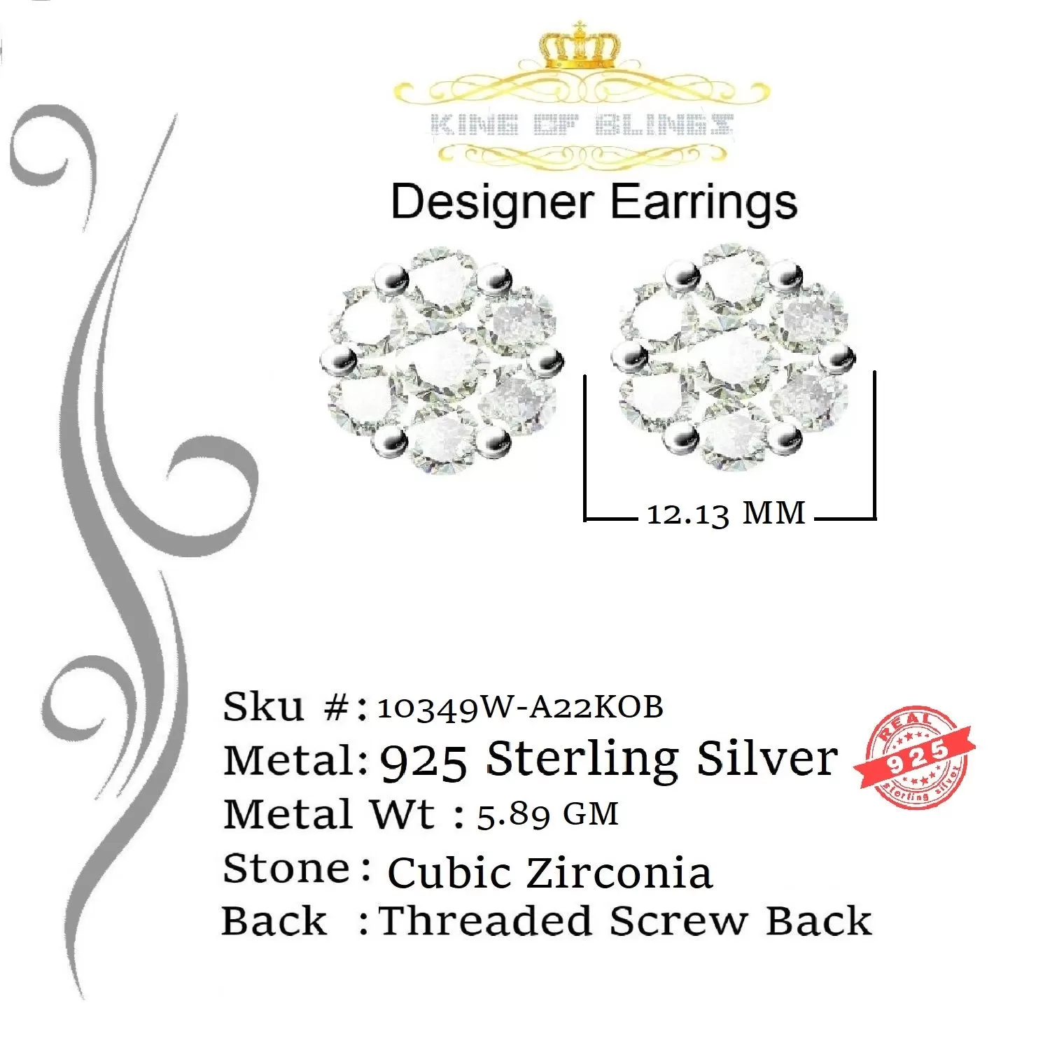 King of Blings- 925 Silver White 1.56ct Cubic Zirconia Hip Hop Floral Women's & Men's Earrings