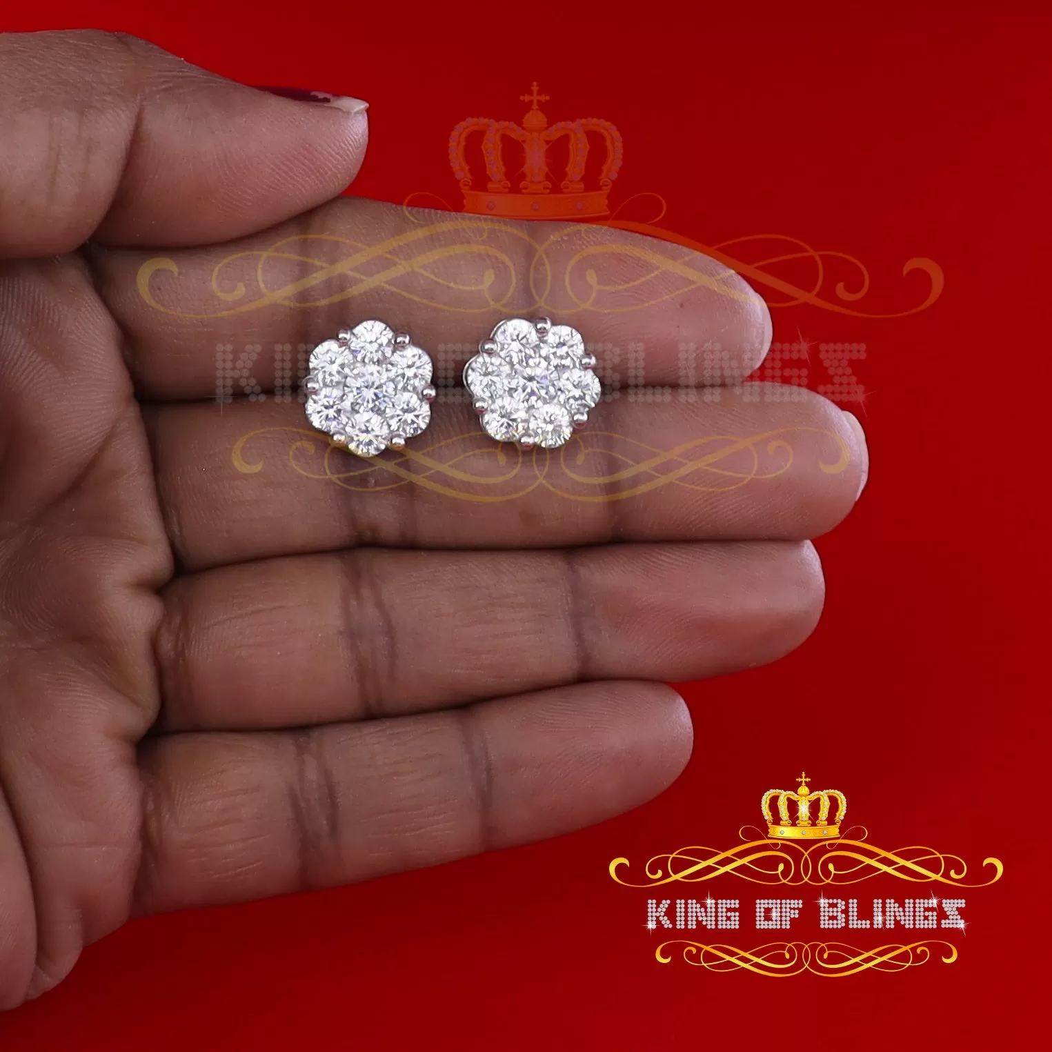 King of Blings- 925 Silver White 1.56ct Cubic Zirconia Hip Hop Floral Women's & Men's Earrings