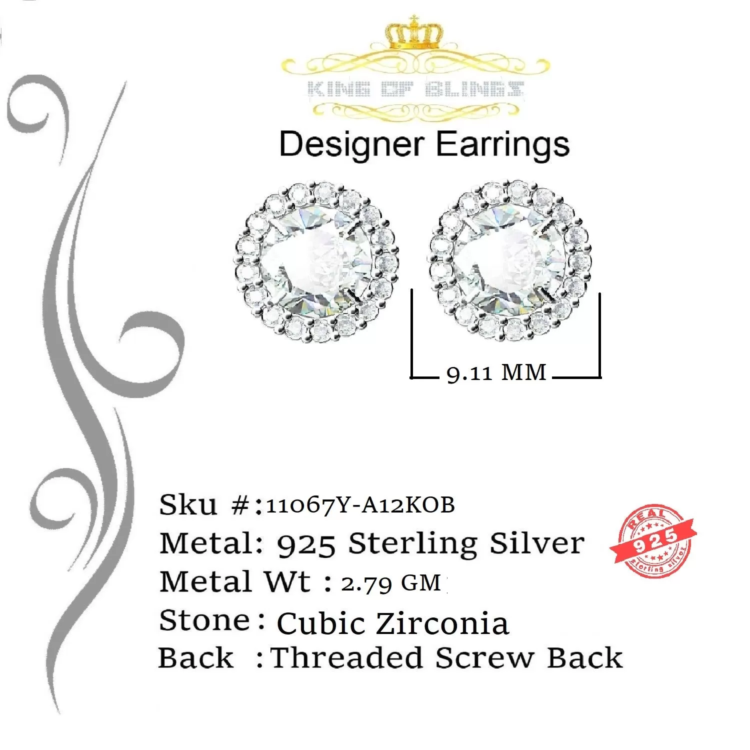 King of Blings- 925 White Silver 4.42ct Cubic Zirconia Women's & Men's Hip Hop Round Earrings