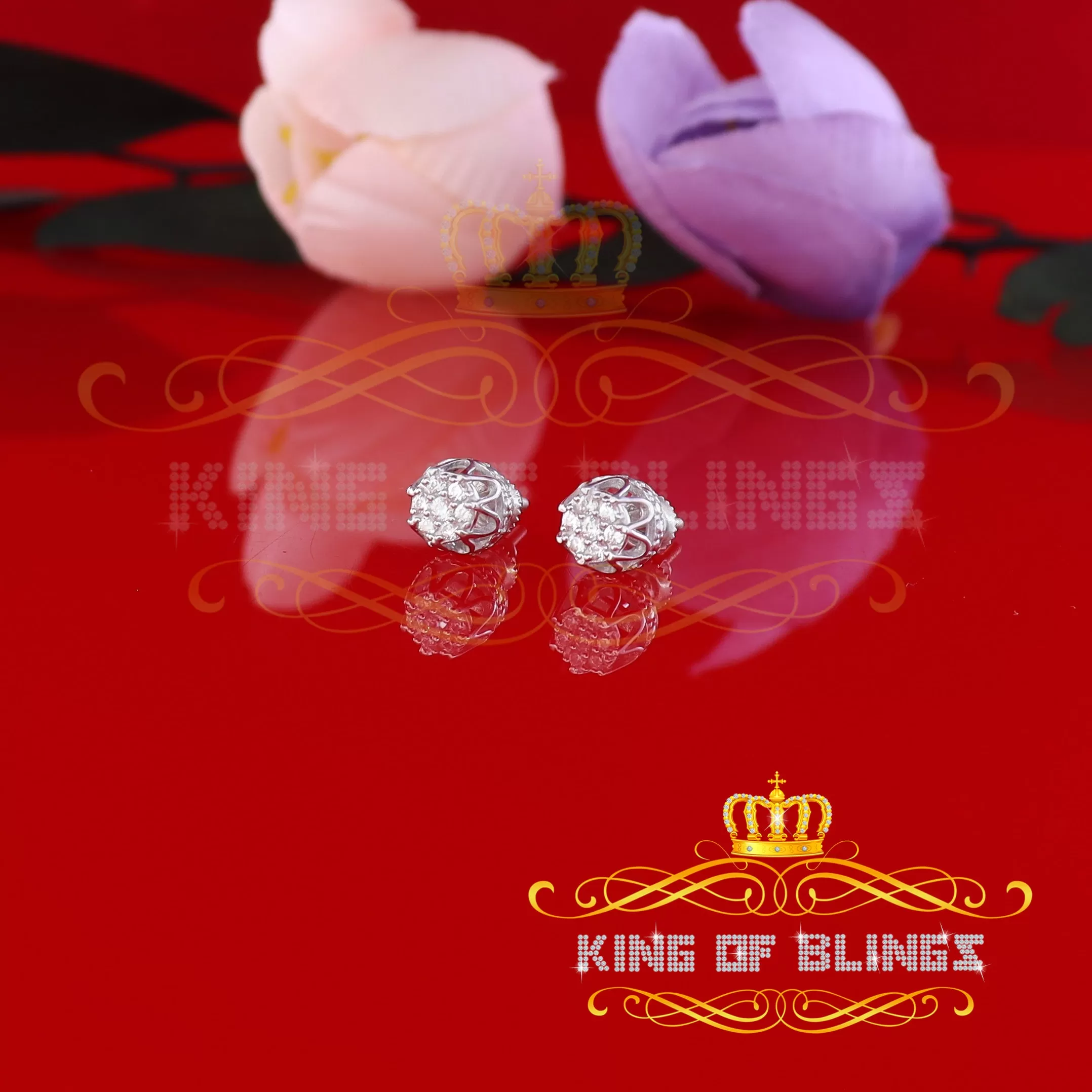 King of Blings- 925 White Silver Sterling 0.36ct Cubic Zirconia Hip Hop Floral Women's Earrings