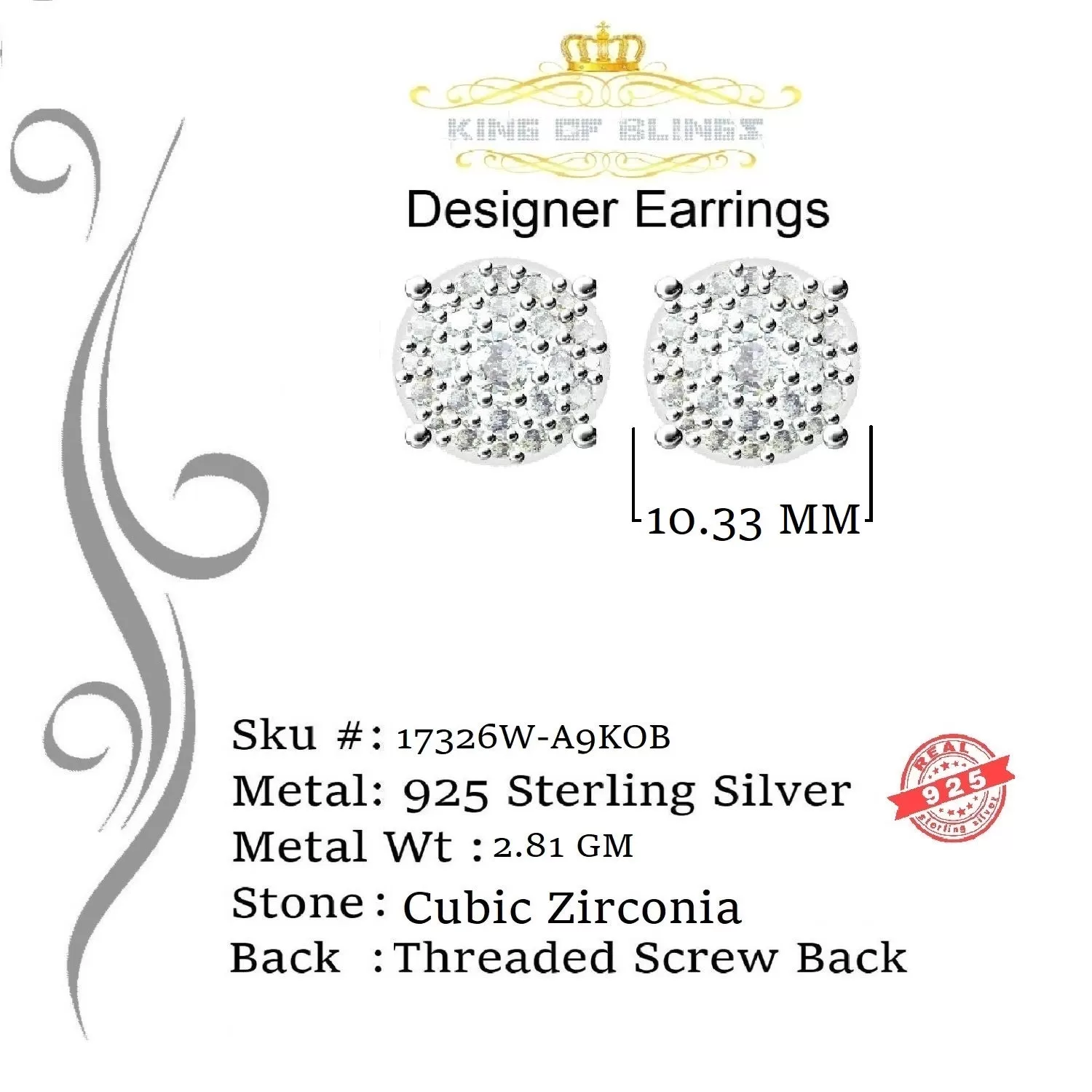 King of Blings- Aretes Para Hombre 925 White Silver 1.20ct Cubic Zirconia Round Women's Earrings