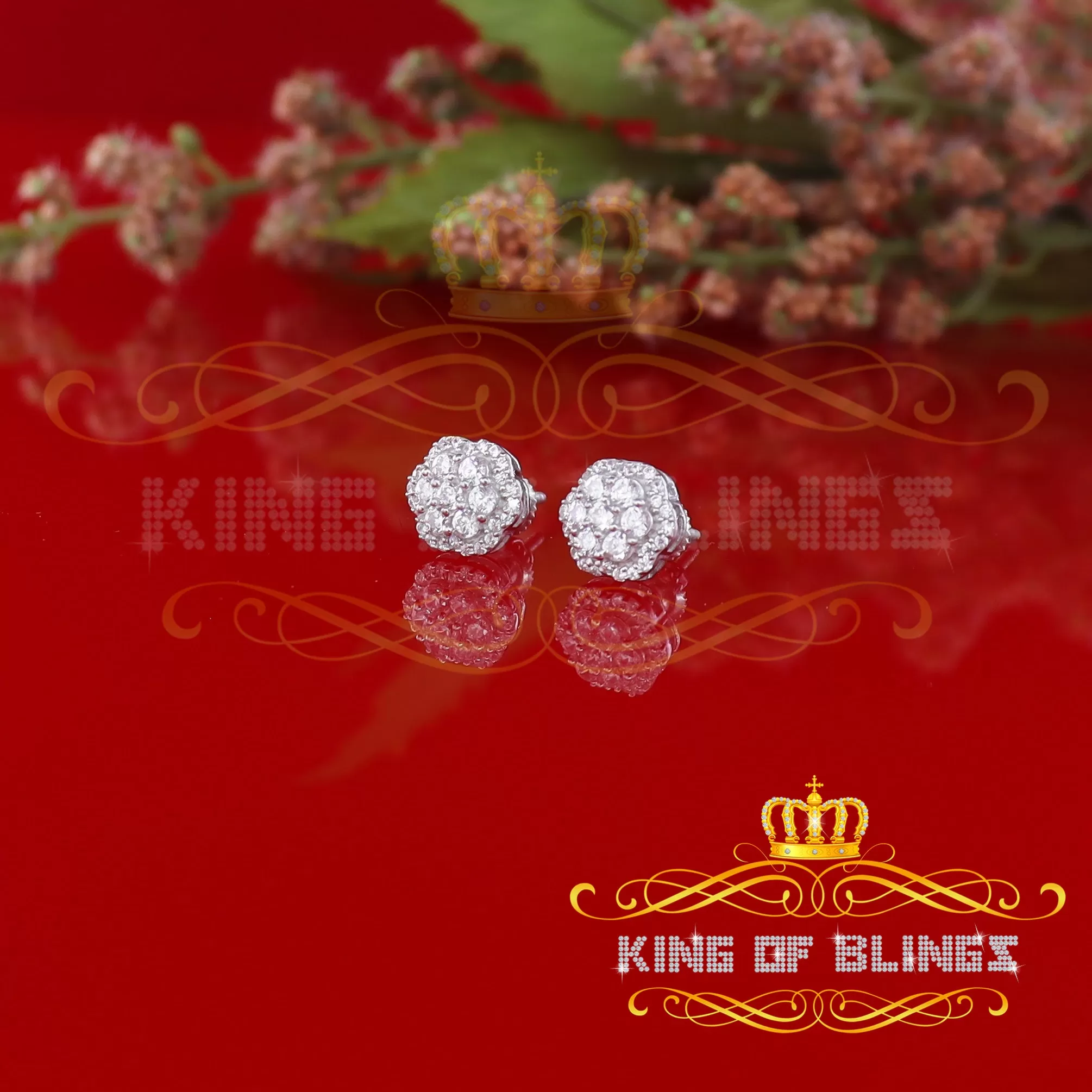 King of Blings- Aretes Para Hombre 925 White Silver Women's 1.22ct Cubic Zirconia Flower Earring