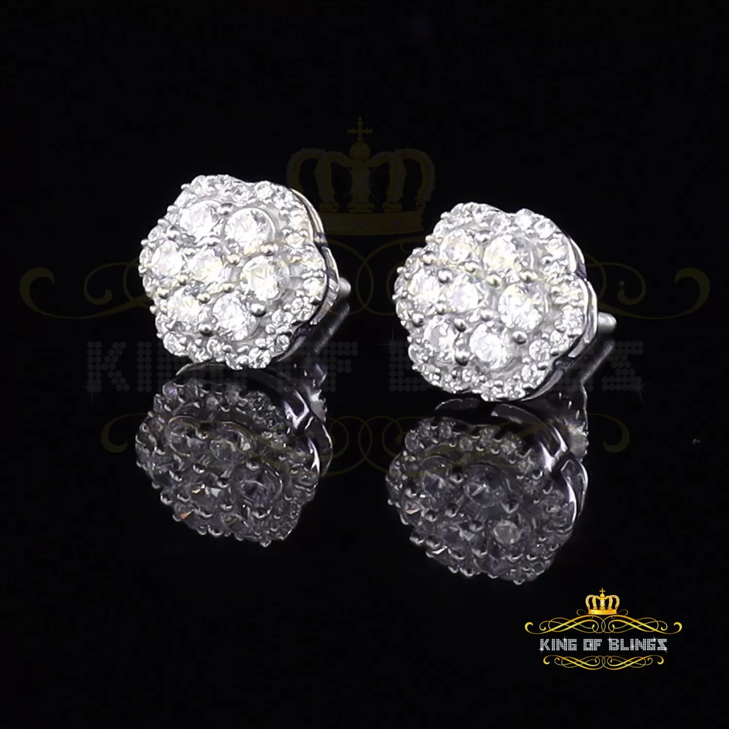 King of Blings- Aretes Para Hombre 925 White Silver Women's 1.22ct Cubic Zirconia Flower Earring