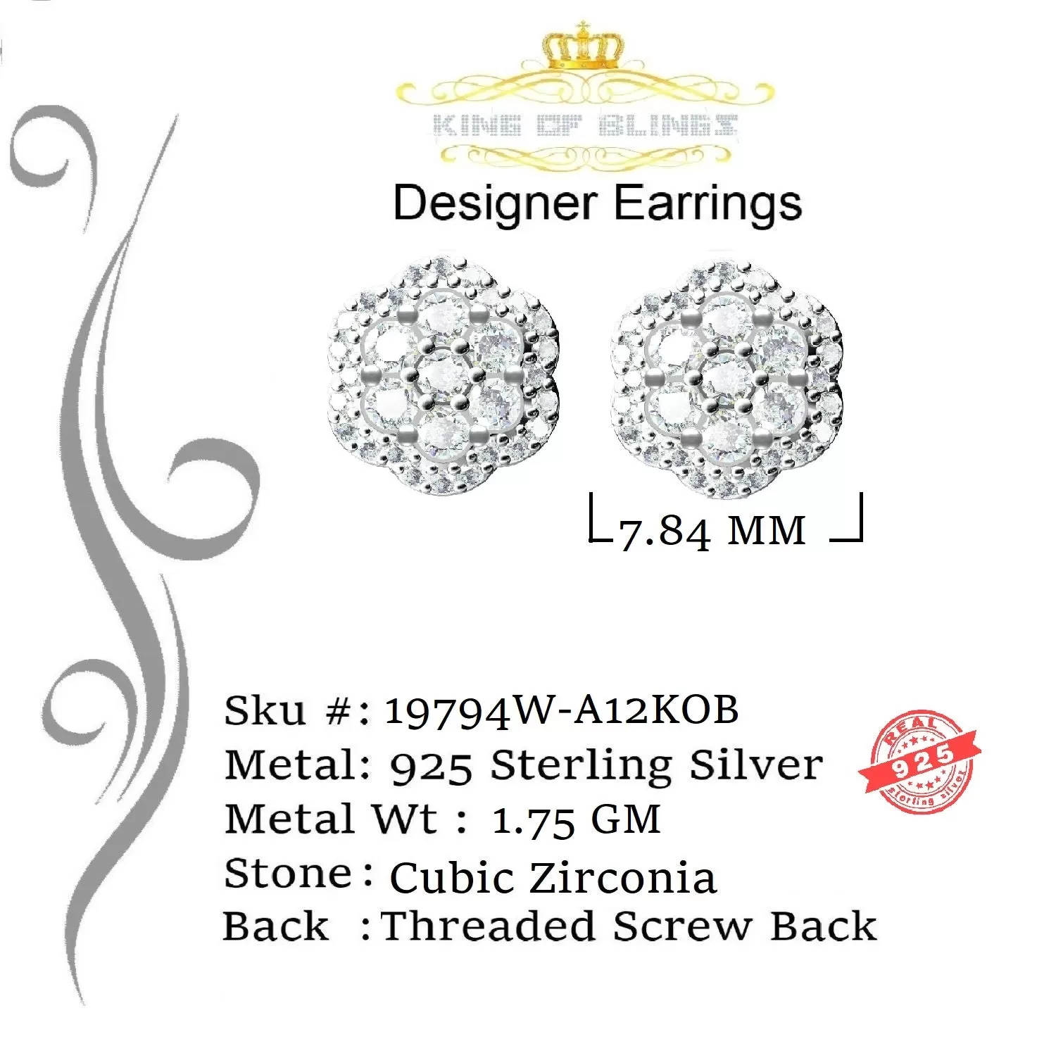 King of Blings- Aretes Para Hombre 925 White Silver Women's 1.22ct Cubic Zirconia Flower Earring