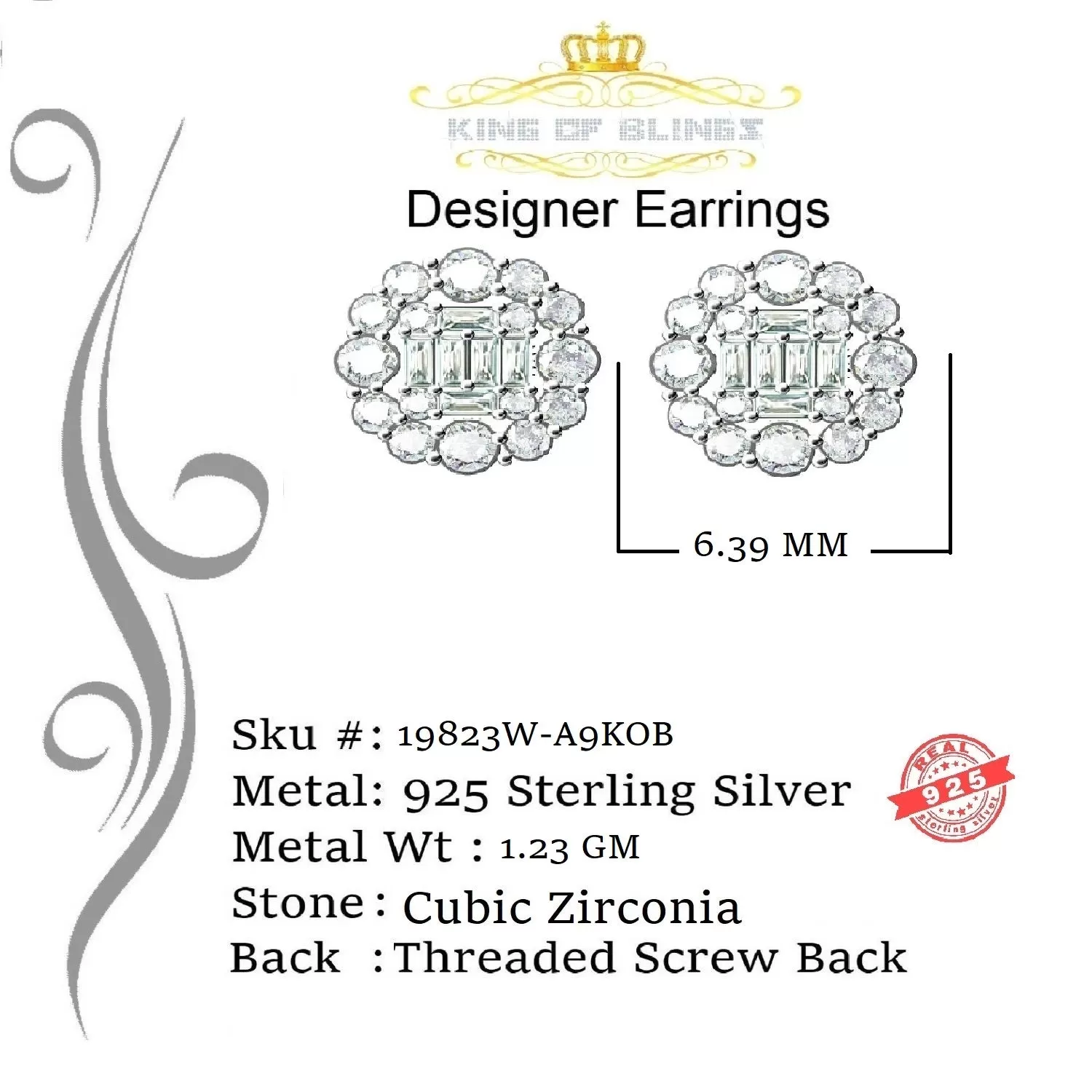 King of Blings- White 0.74ct Sterling Silver 925 Cubic Zirconia Women's Hip Hop Flower Earrings