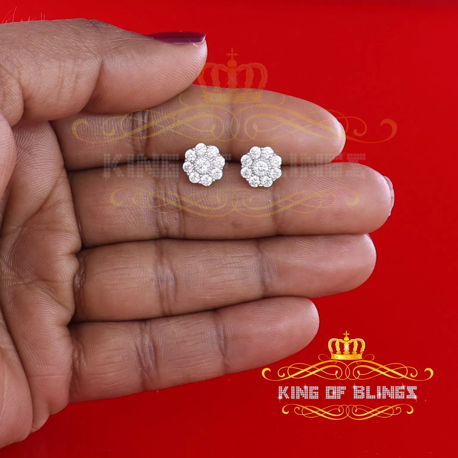 King of Blings- White 925 Silver 2.1ct Cubic Zirconia Women's & Men's Hip Hop Floral Earrings