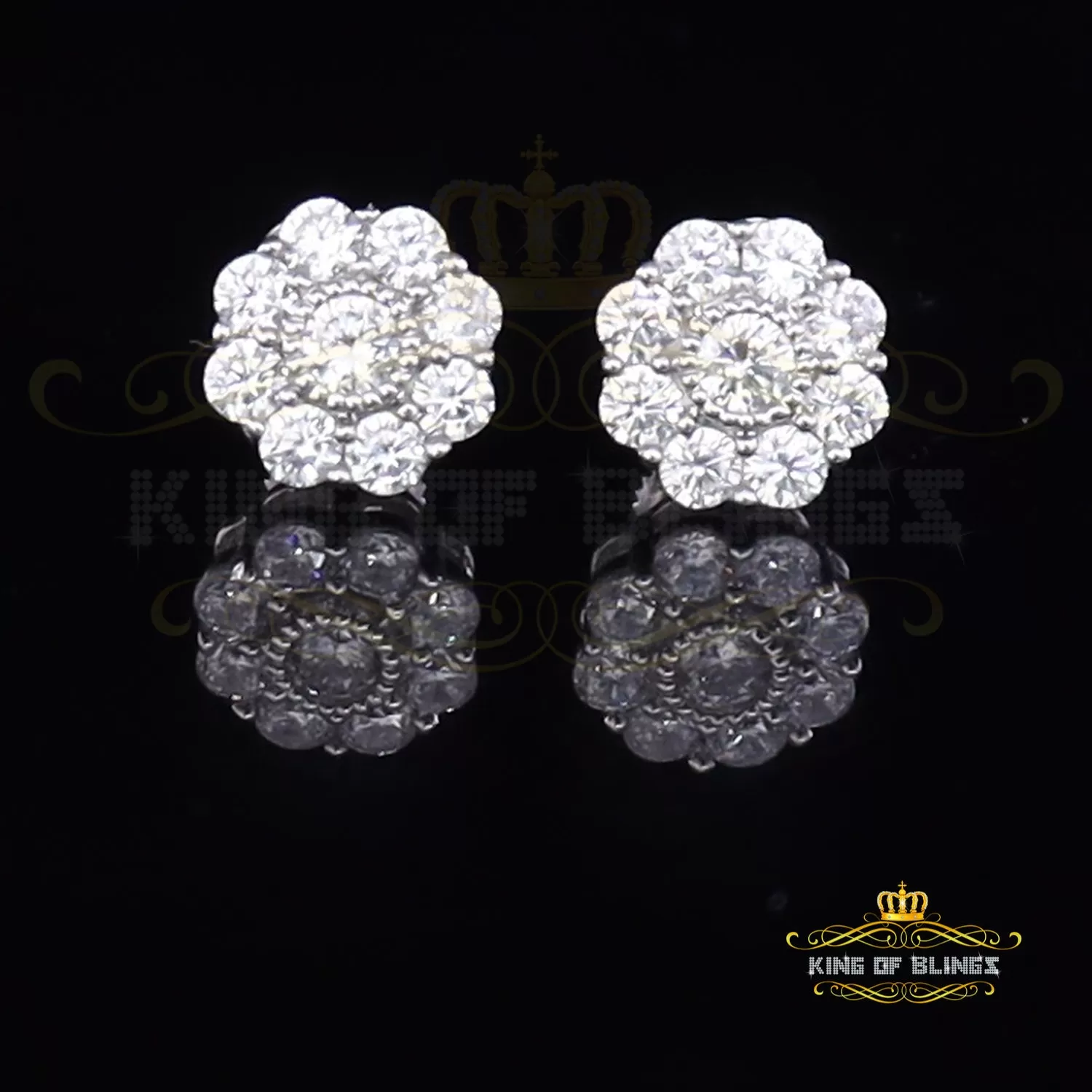 King of Blings- White 925 Silver 2.1ct Cubic Zirconia Women's & Men's Hip Hop Floral Earrings