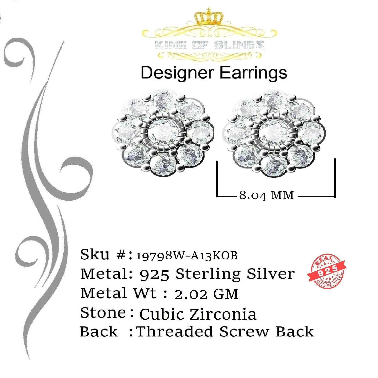 King of Blings- White 925 Silver 2.1ct Cubic Zirconia Women's & Men's Hip Hop Floral Earrings