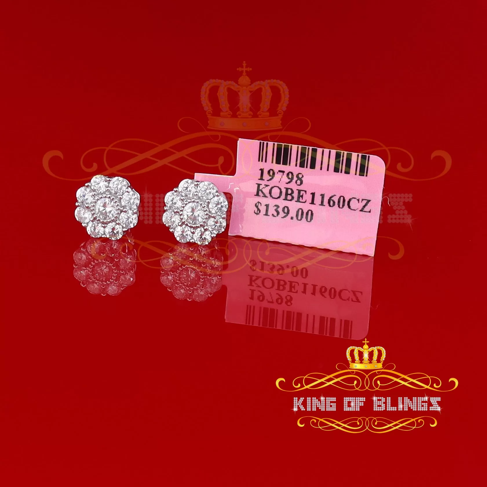 King of Blings- White 925 Silver 2.1ct Cubic Zirconia Women's & Men's Hip Hop Floral Earrings