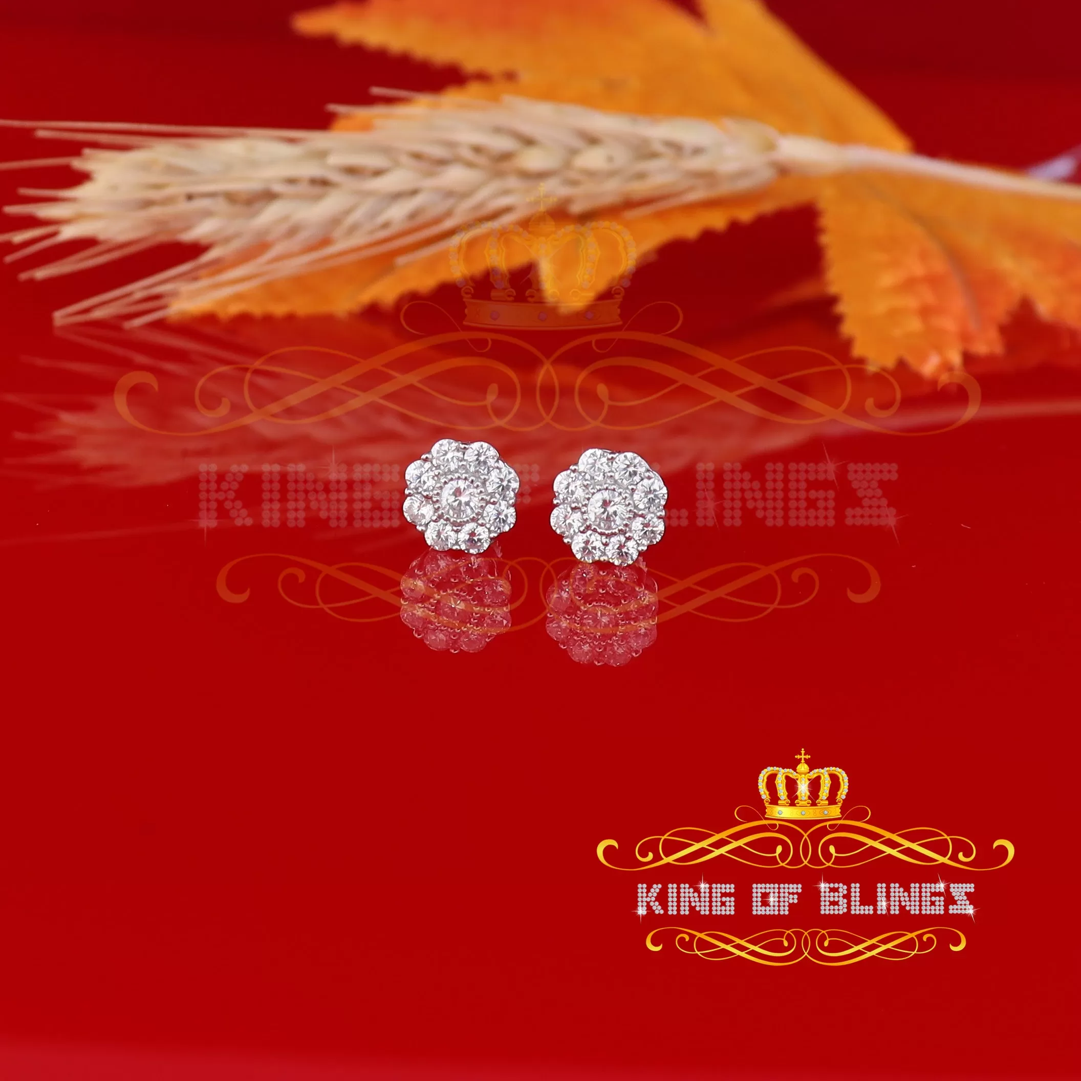 King of Blings- White 925 Silver 2.1ct Cubic Zirconia Women's & Men's Hip Hop Floral Earrings