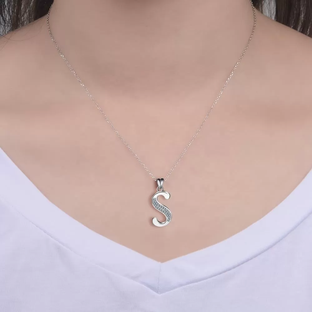 Letter S Crystallized Graffiti Font Initial Necklace Sterling Silver