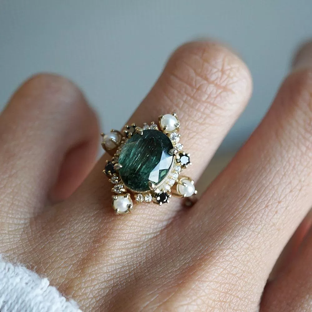 Limited Edition: Green Tourmaline Elsa Black & White Diamond Pearl Ring